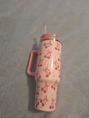 Pink Cherry Pattern Travel Tumbler with Handle